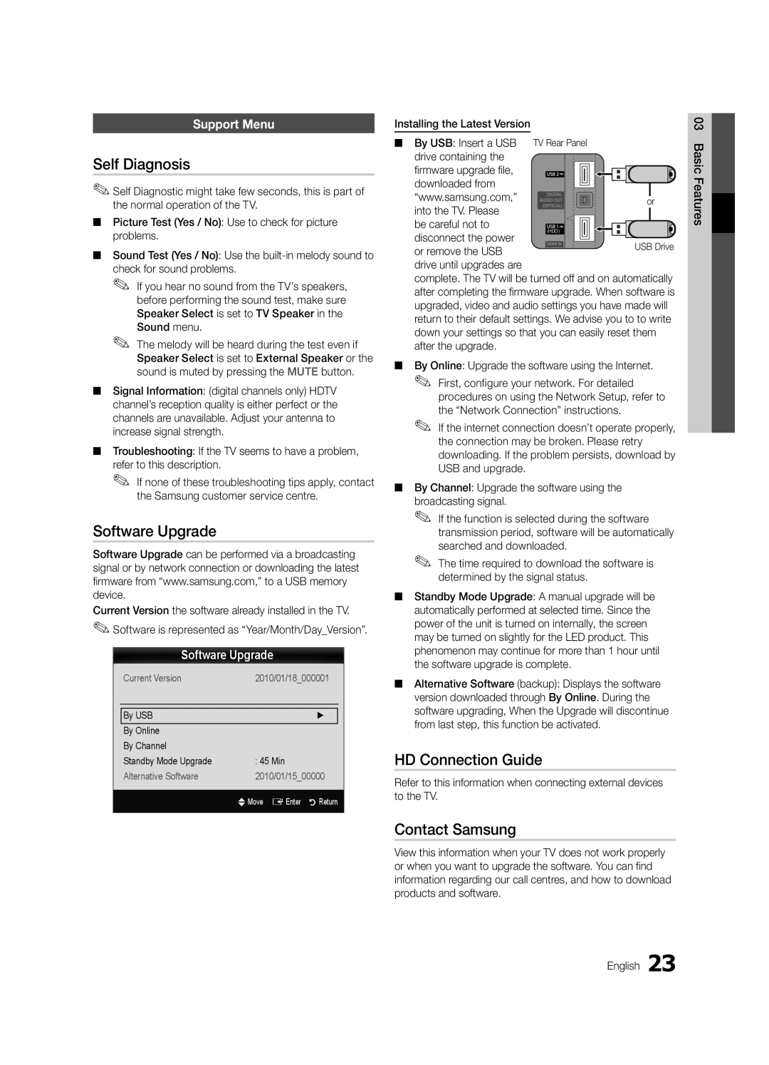 Samsung UE46C6620UKXXU, UE32C6620UKXXU manual Self Diagnosis, Software Upgrade, HD Connection Guide, Contact Samsung 