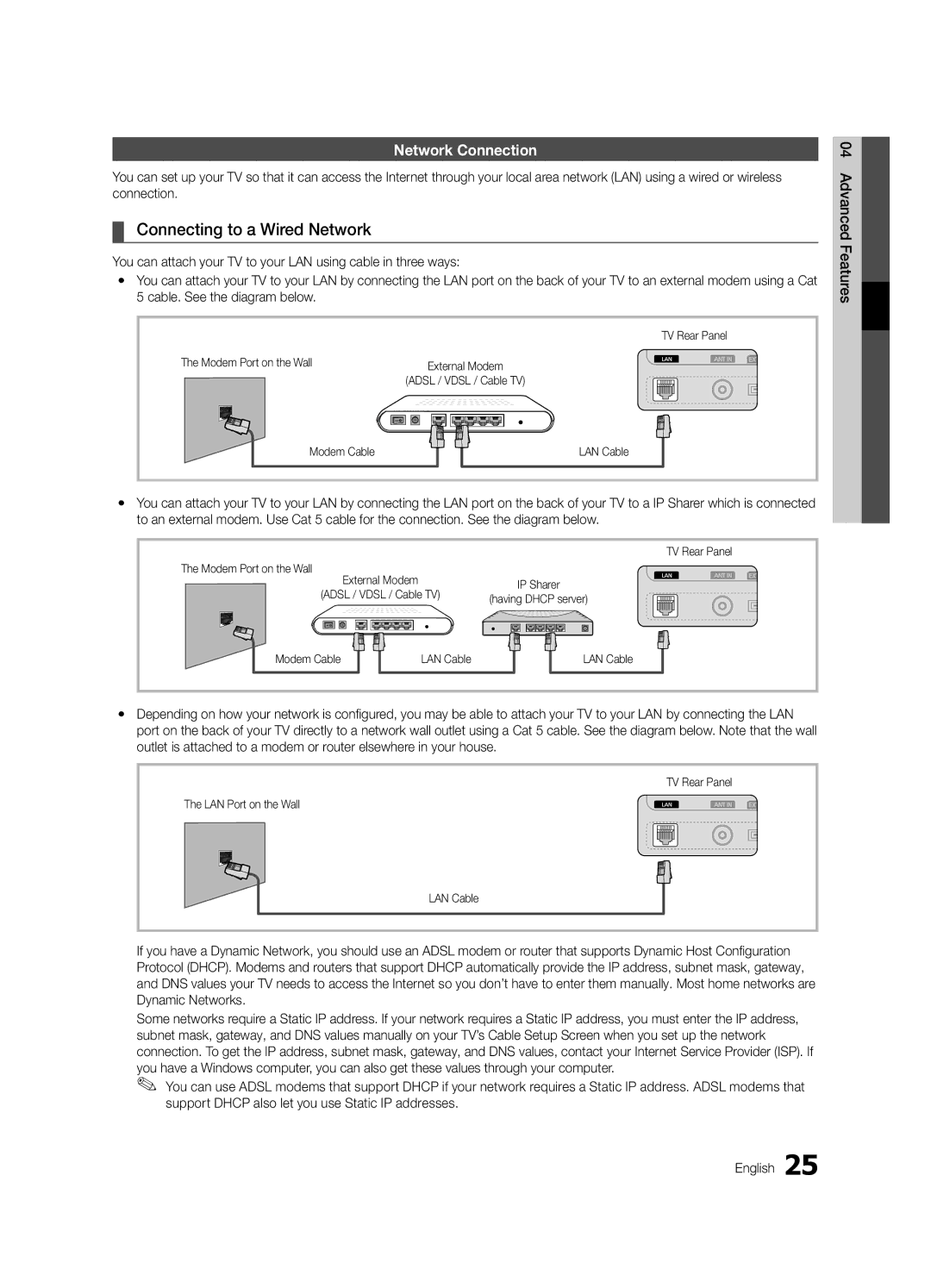 Samsung UE46C6620UKXXU Connecting to a Wired Network, Network Connection, Modem Port on the Wall, Modem Cable LAN Cable 