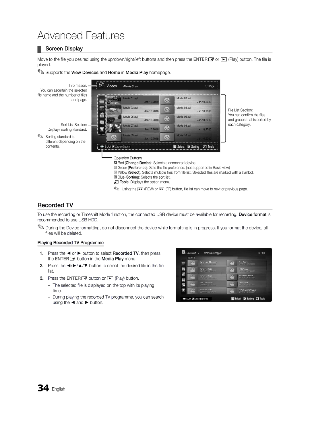 Samsung UE32C6620UKXXU, UE46C6620UKXXU manual Screen Display, Sorting standard is different depending on the contents 