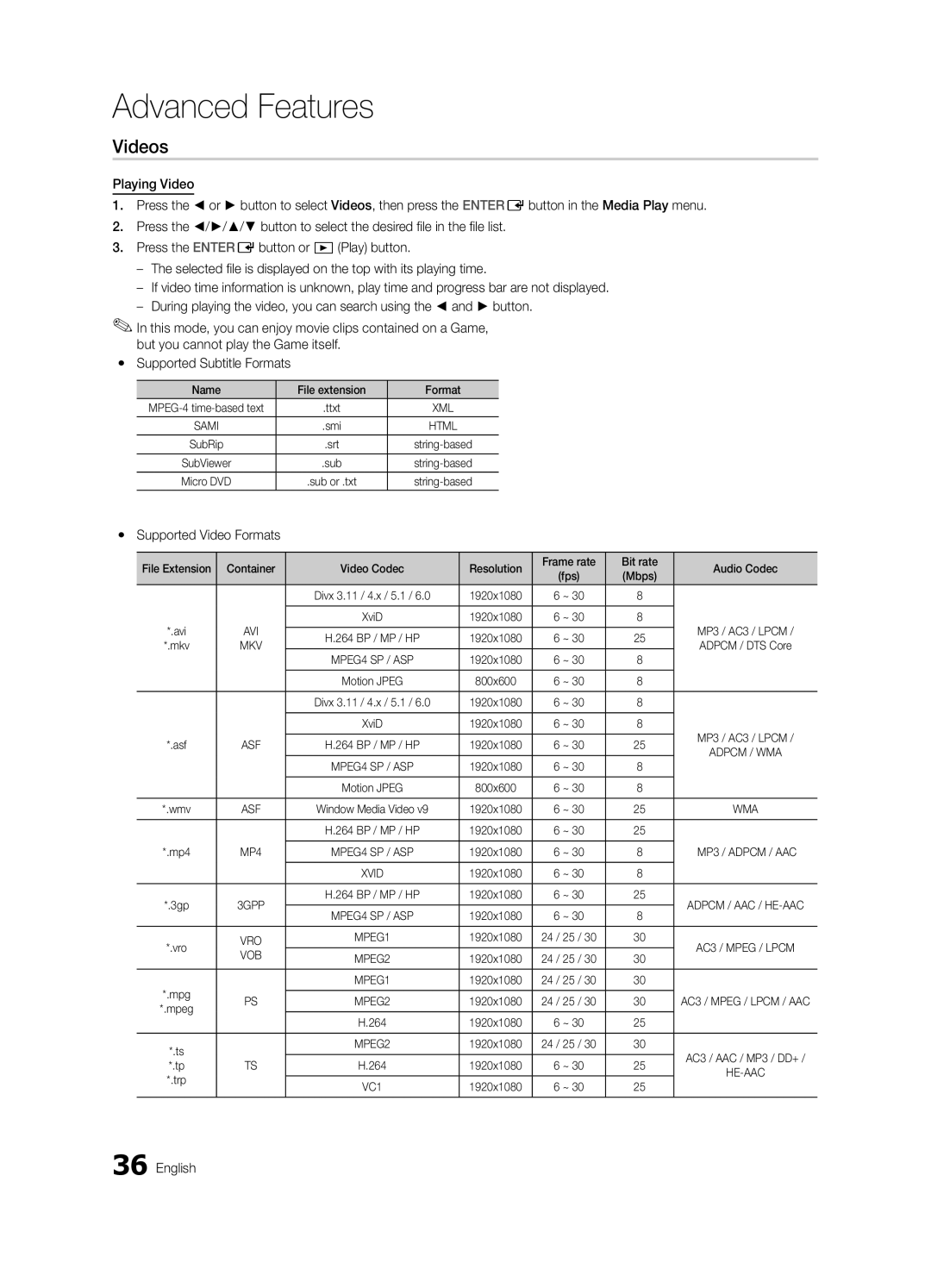 Samsung UE32C6620UKXXU, UE46C6620UKXXU Videos, Yy Supported Video Formats, Name File extension Format, Mbps, 1920x1080 