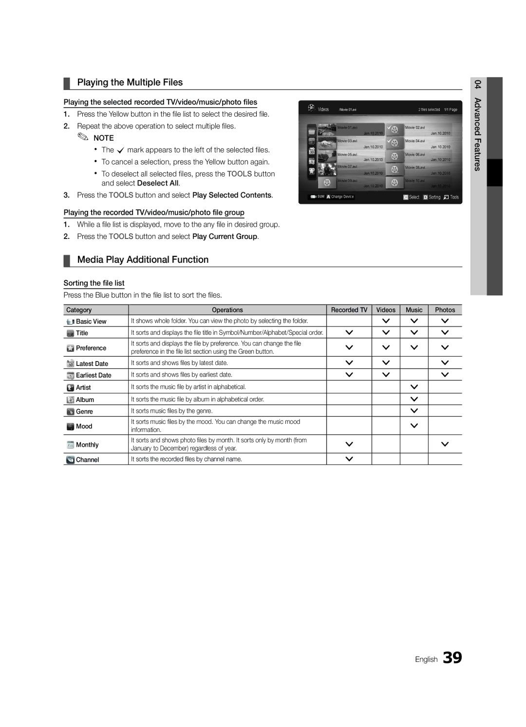 Samsung UE46C6620UKXXU, UE32C6620UKXXU manual Playing the Multiple Files, Media Play Additional Function 