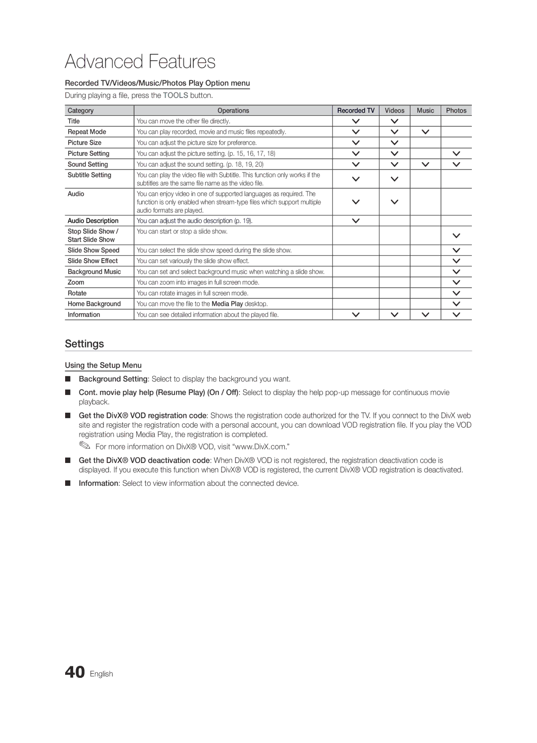 Samsung UE32C6620UKXXU manual Settings, Category Operations, Subtitles are the same file name as the video file Audio 