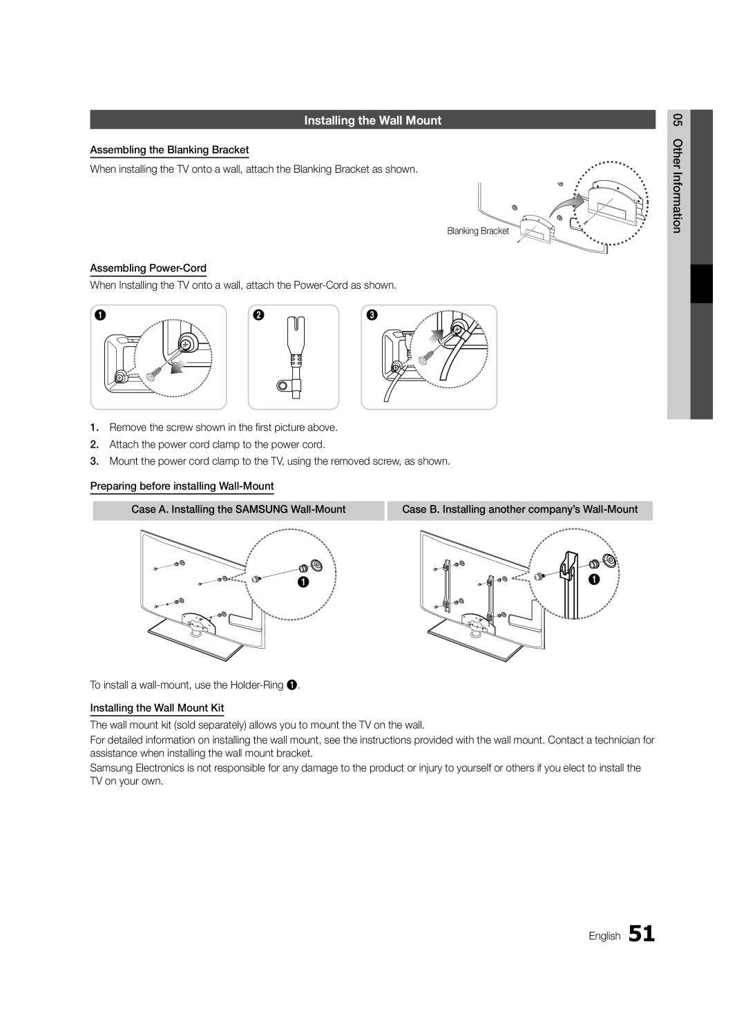 Samsung UE46C6620UKXXU, UE32C6620UKXXU manual Installing the Wall Mount, Blanking Bracket 