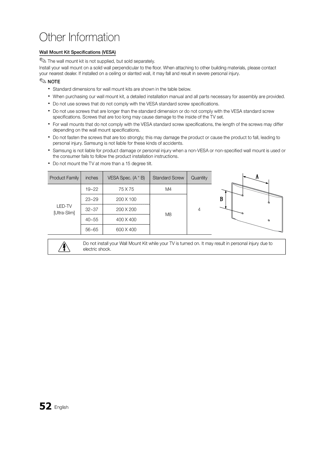 Samsung UE32C6620UKXXU, UE46C6620UKXXU manual Quantity, 19~22, 23~29, 32~37, 40~55, 56~65 