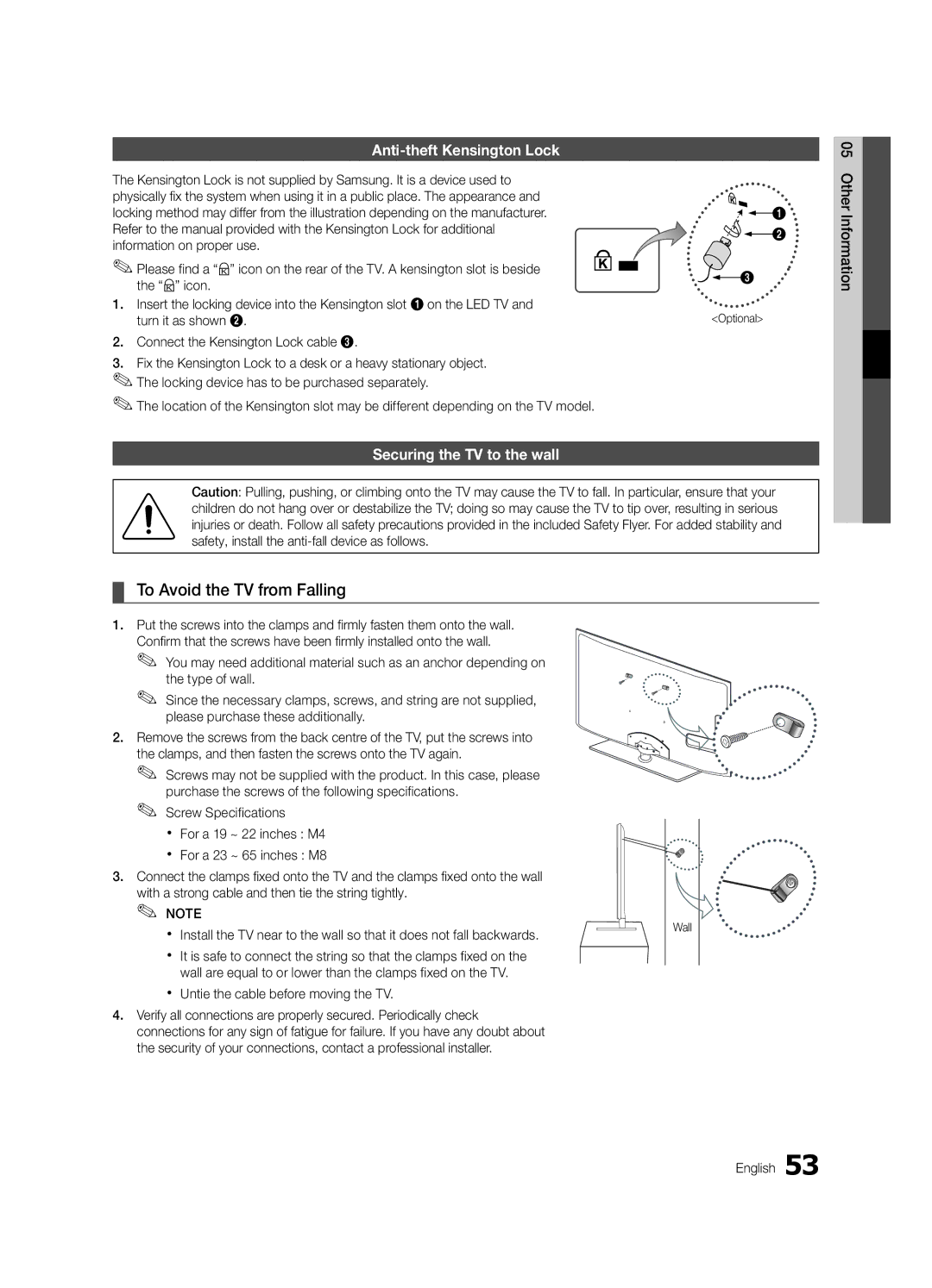 Samsung UE46C6620UKXXU To Avoid the TV from Falling, Anti-theft Kensington Lock, Securing the TV to the wall, Optional 