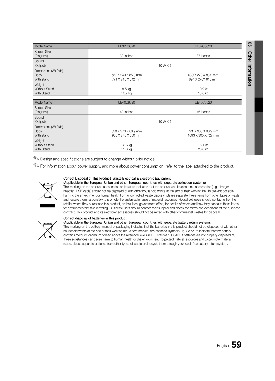 Samsung UE46C6620UKXXU Model Name UE32C6620 UE37C6620 Screen Size Diagonal, Sound Output 10 W X Dimensions WxDxH Body 