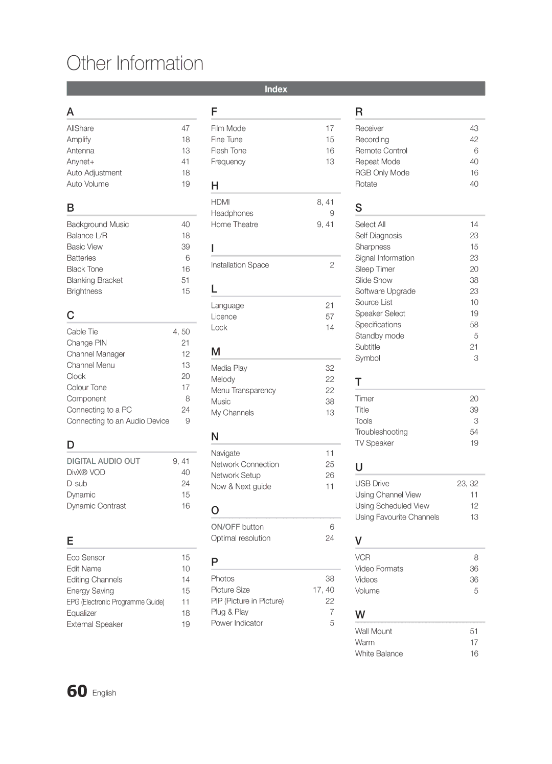 Samsung UE32C6620UKXXU Index, Video Formats Videos Volume Wall Mount Warm White Balance, Connecting to an Audio Device 