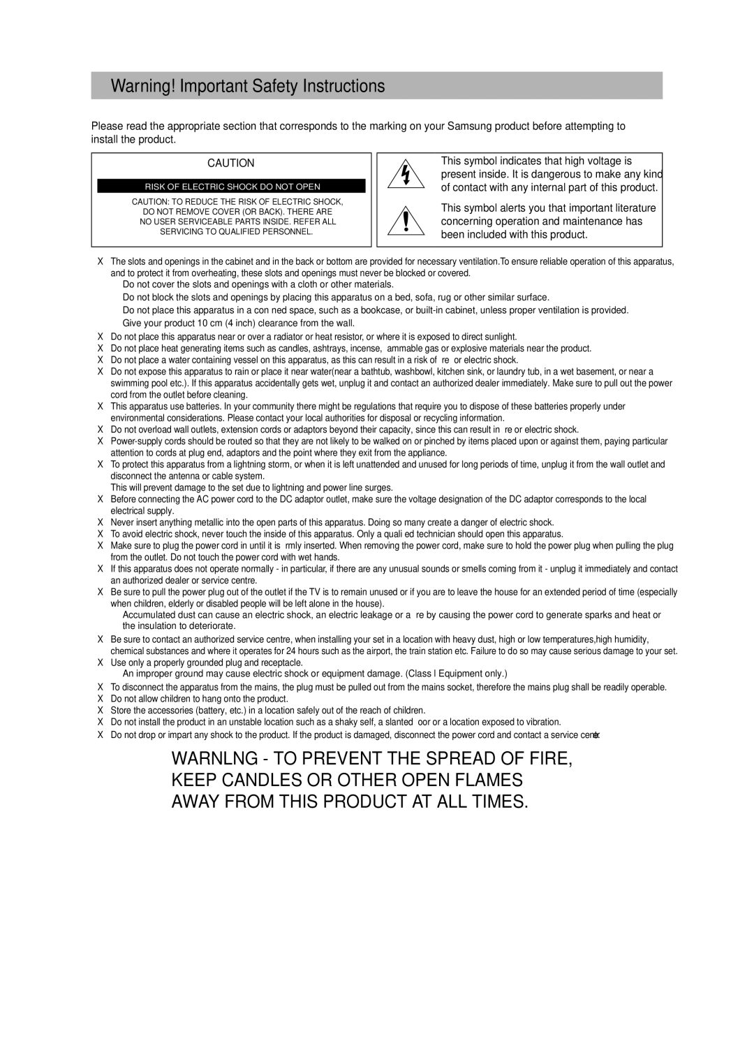 Samsung UE46C6620UKXXU, UE32C6620UKXXU manual Risk of Electric Shock do not Open 