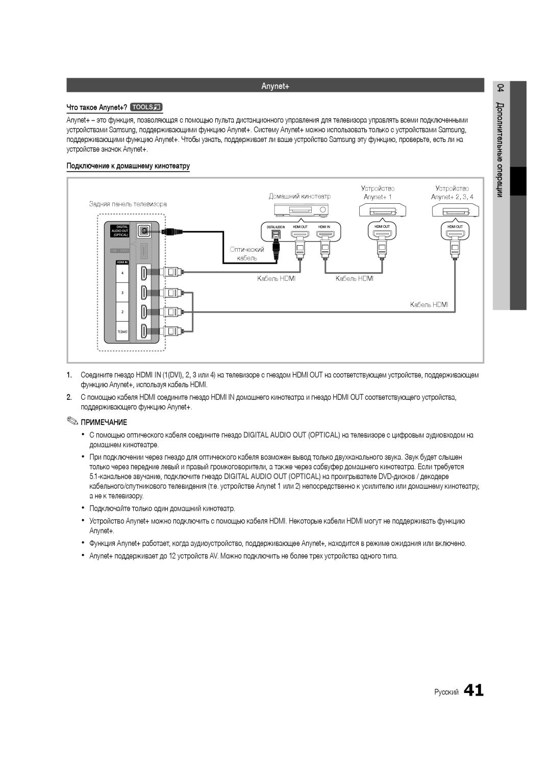 Samsung UE40C6620UWXRU manual Что такое Anynet+? t, Подключение к домашнему кинотеатру, Домашний кинотеатр, Кабель Hdmi 