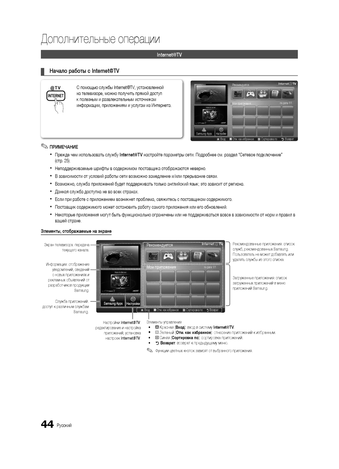 Samsung UE32C6620UWXRU, UE40C6620UWXRU manual Начало работы с Internet@TV, 44 Русский 