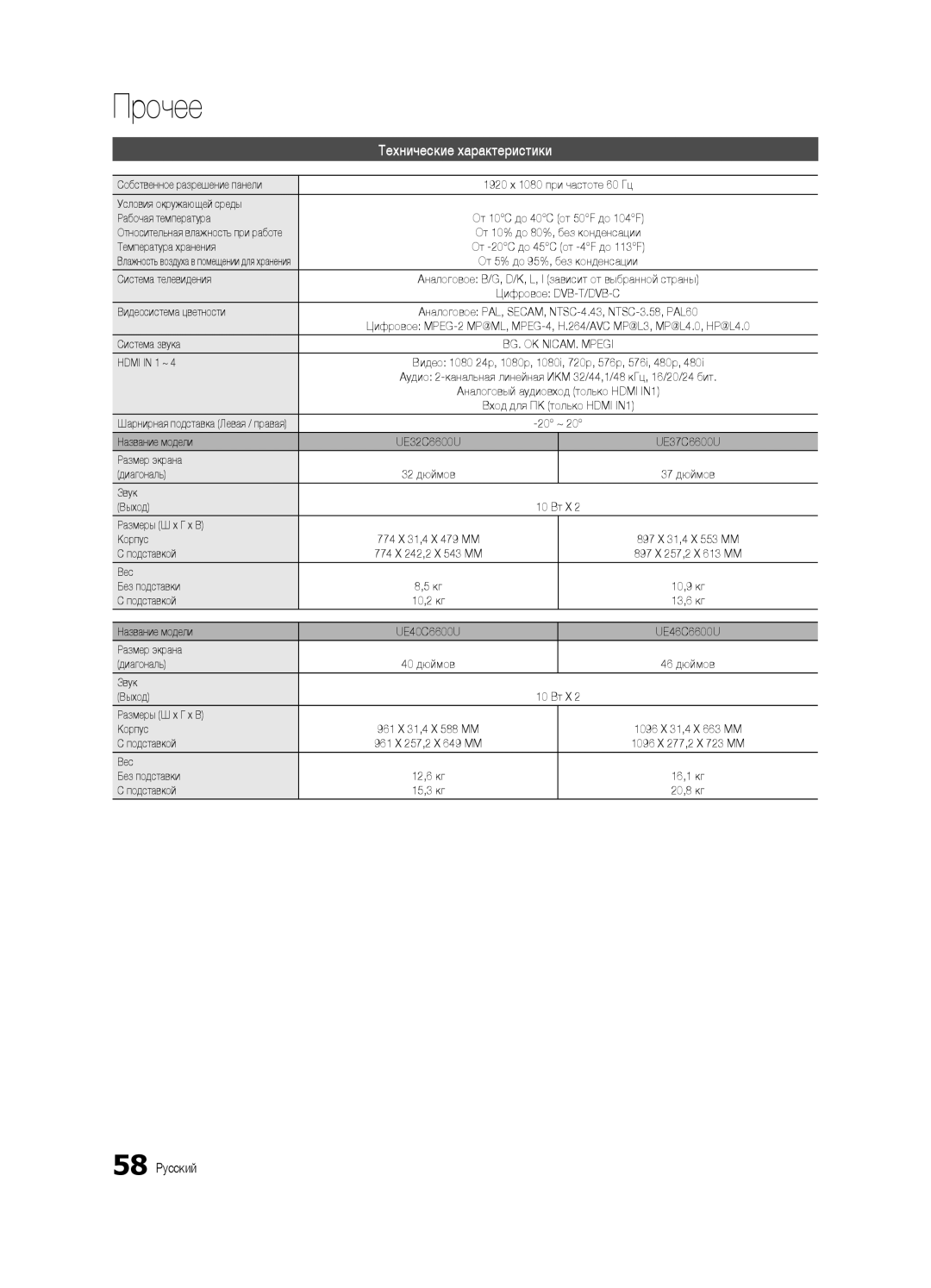 Samsung UE32C6620UWXRU, UE40C6620UWXRU manual Технические характеристики, 58 Русский 