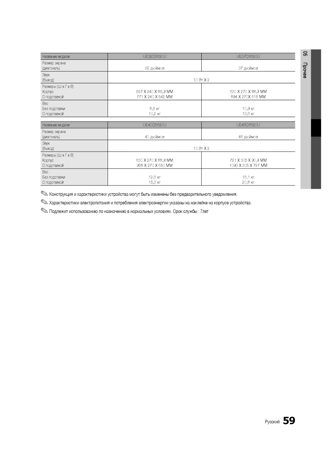 Samsung UE40C6620UWXRU, UE32C6620UWXRU manual Подставкой 771 X 240 X 542 MM, Подставкой 958 X 270 X 650 MM 