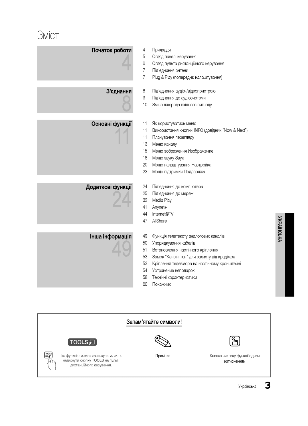 Samsung UE40C6620UWXRU, UE32C6620UWXRU manual Зміст, Запам’ятайте символи, Примітка, Натиснути кнопку Tools на пульті 