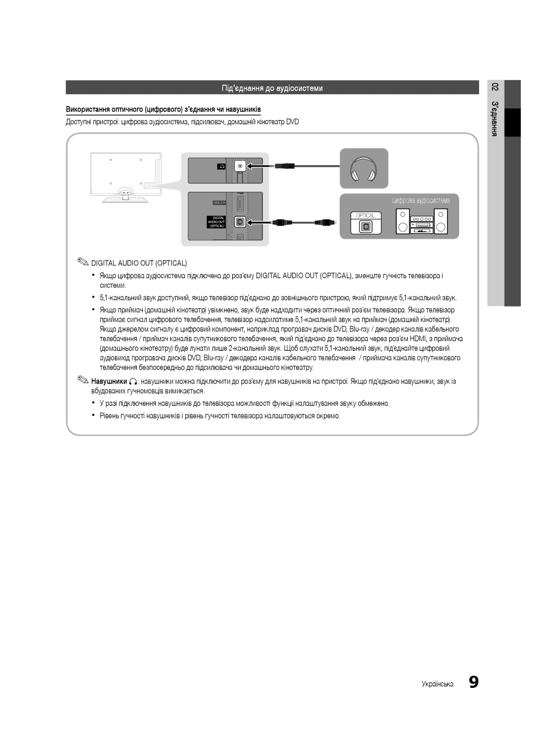 Samsung UE40C6620UWXRU, UE32C6620UWXRU manual Під’єднання до аудіосистеми, 02 З’єднання 