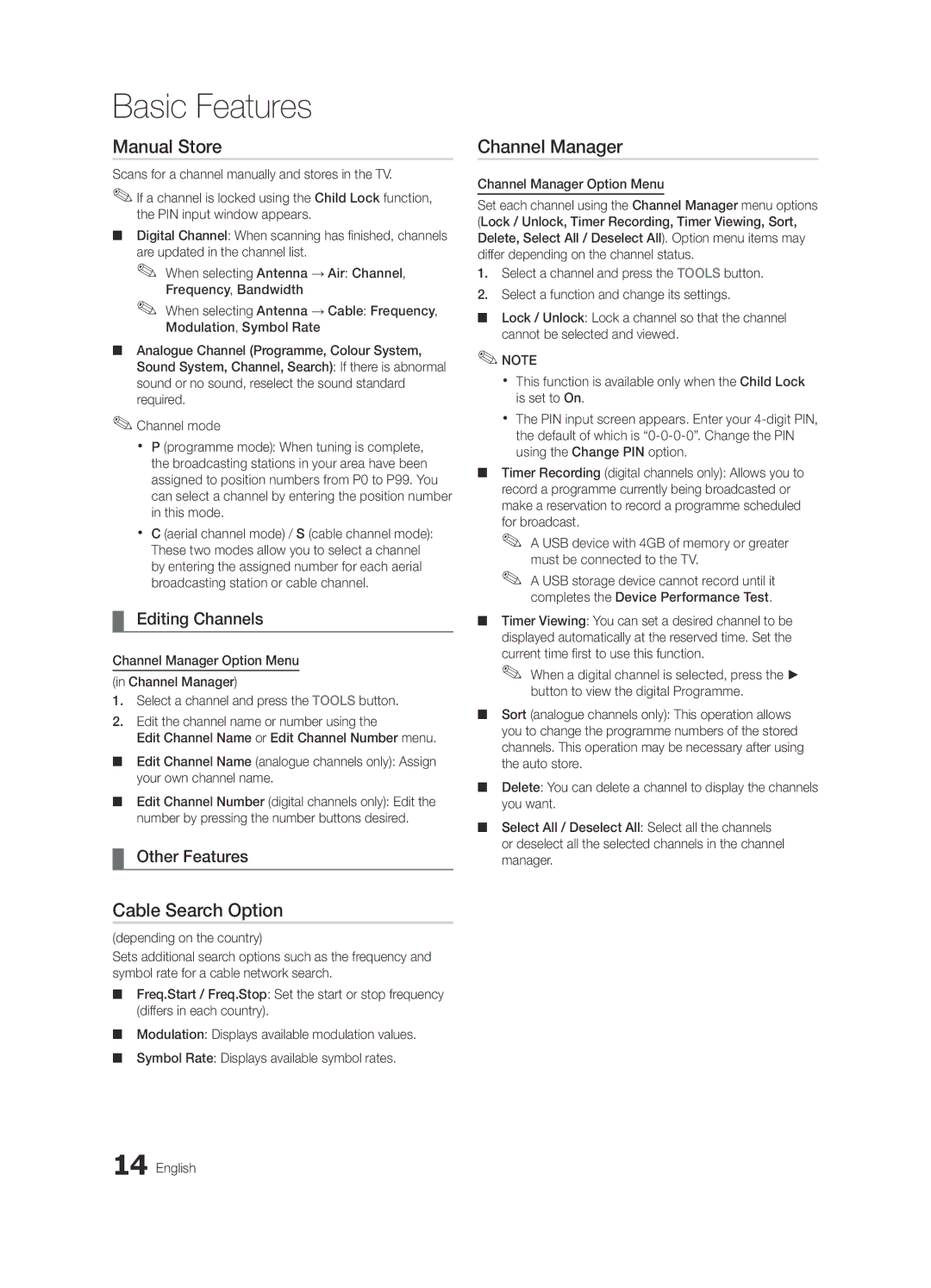 Samsung UE32C6620UWXRU manual Manual Store, Cable Search Option, Editing Channels, Other Features, Depending on the country 