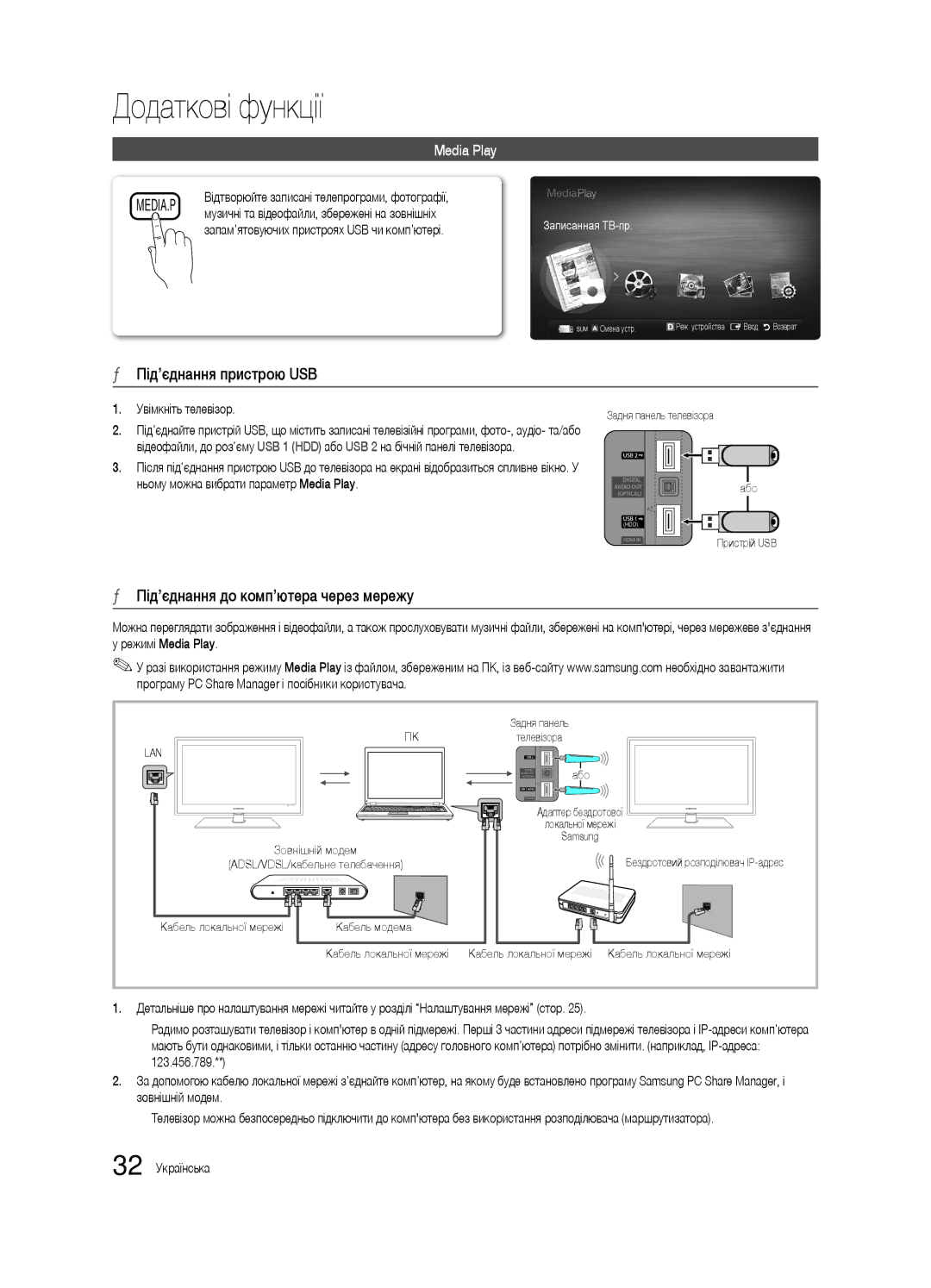 Samsung UE32C6620UWXRU manual Під’єднання пристрою USB, Під’єднання до комп’ютера через мережу, Увімкніть телевізор 