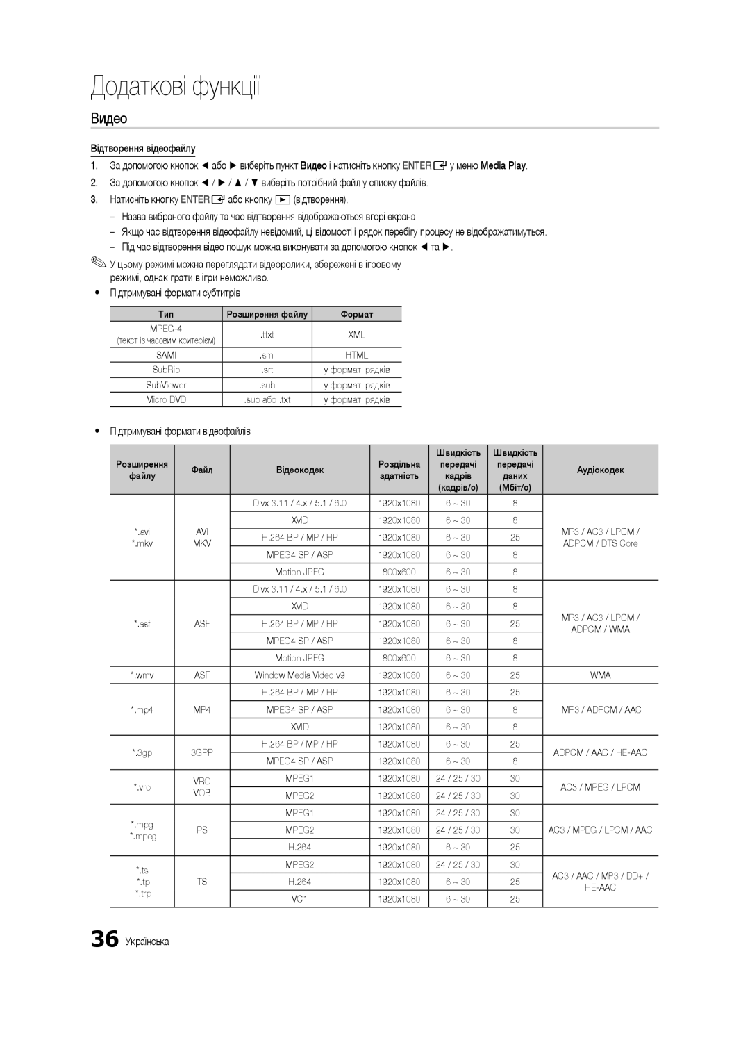 Samsung UE32C6620UWXRU, UE40C6620UWXRU manual Yy Підтримувані формати відеофайлів, 36 Українська 