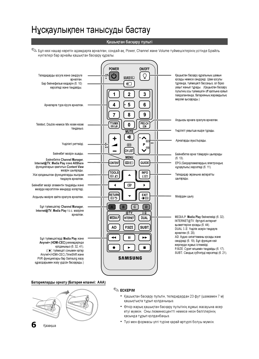 Samsung UE32C6620UWXRU manual Қашықтан басқару пульті, Батареяларды орнату Батарея өлшемі AAA, Қашықтықта тұрып қолданыңыз 