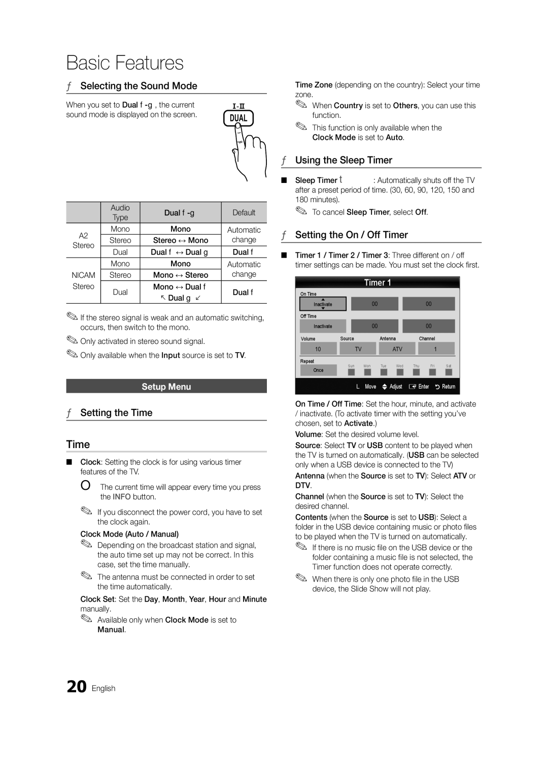 Samsung UE32C6620UWXRU Selecting the Sound Mode, Setting the Time, Using the Sleep Timer, Setting the On / Off Timer 