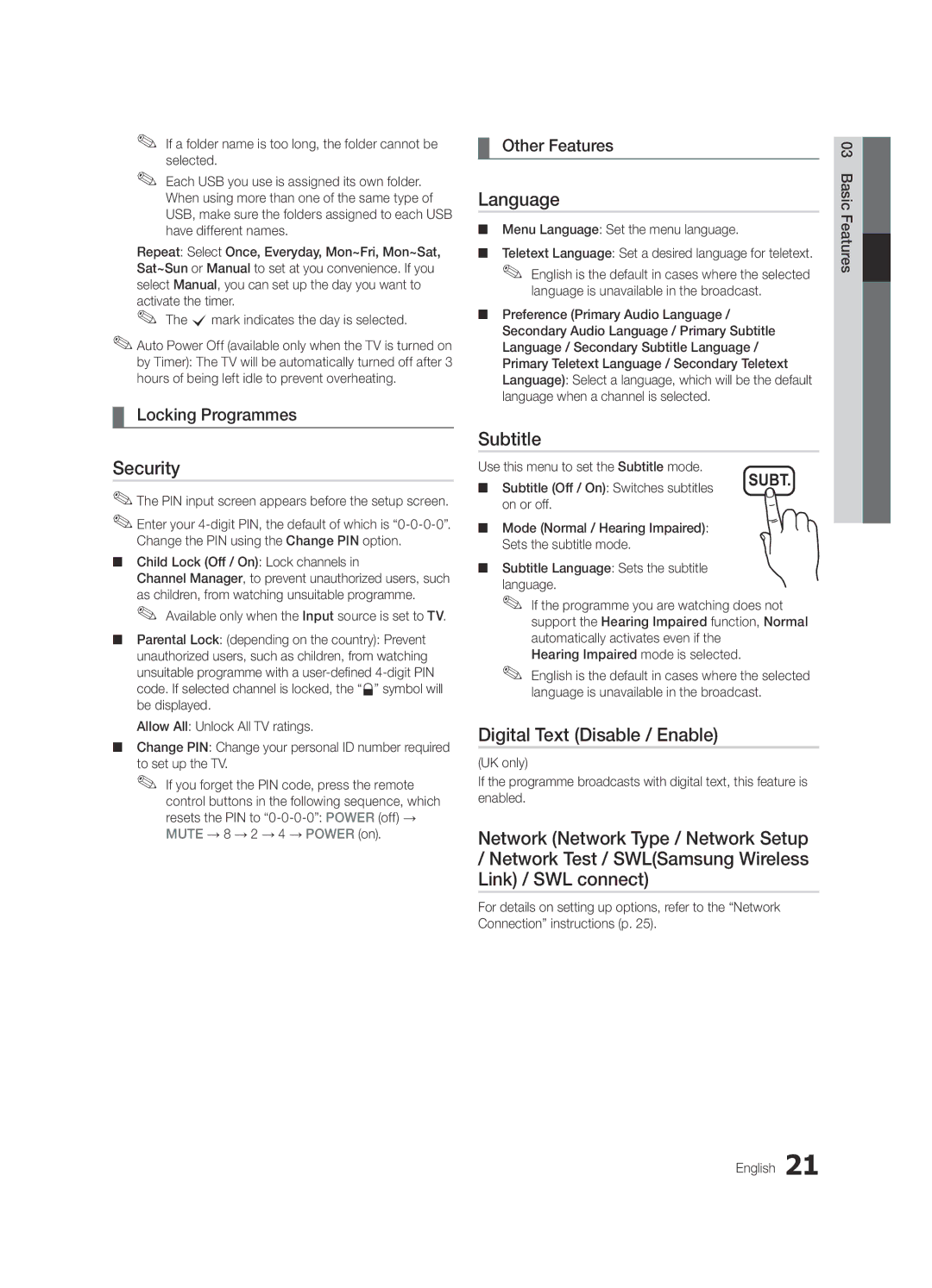 Samsung UE40C6620UWXRU, UE32C6620UWXRU Security, Language, Subtitle, Digital Text Disable / Enable, Locking Programmes 