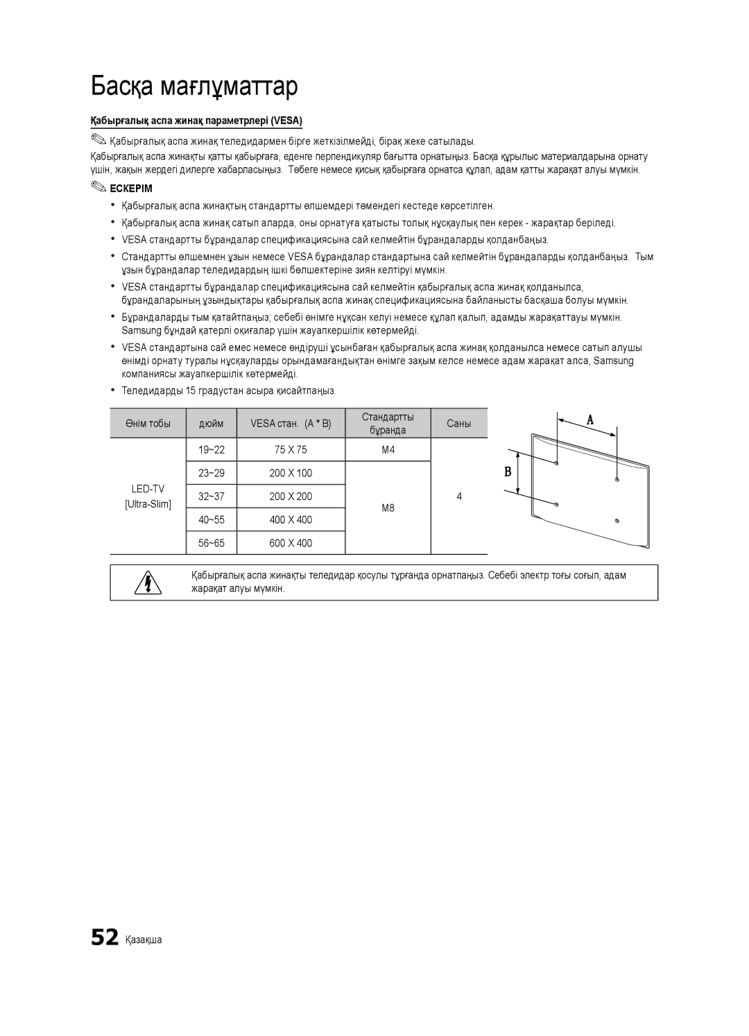 Samsung UE32C6620UWXRU, UE40C6620UWXRU manual Қабырғалық аспа жинақ параметрлері Vesa, Стандартты Саны, Vesa стан. a * B 