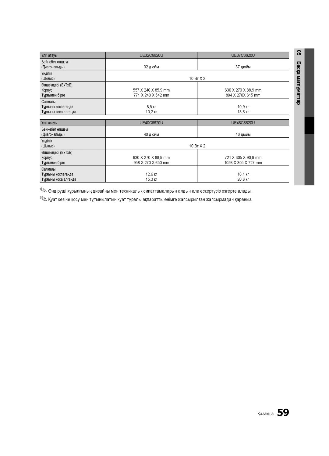 Samsung UE40C6620UWXRU, UE32C6620UWXRU manual Тұрғымен бірге 771 X 240 X 542 mm, Тұрғымен бірге 958 X 270 X 650 mm 