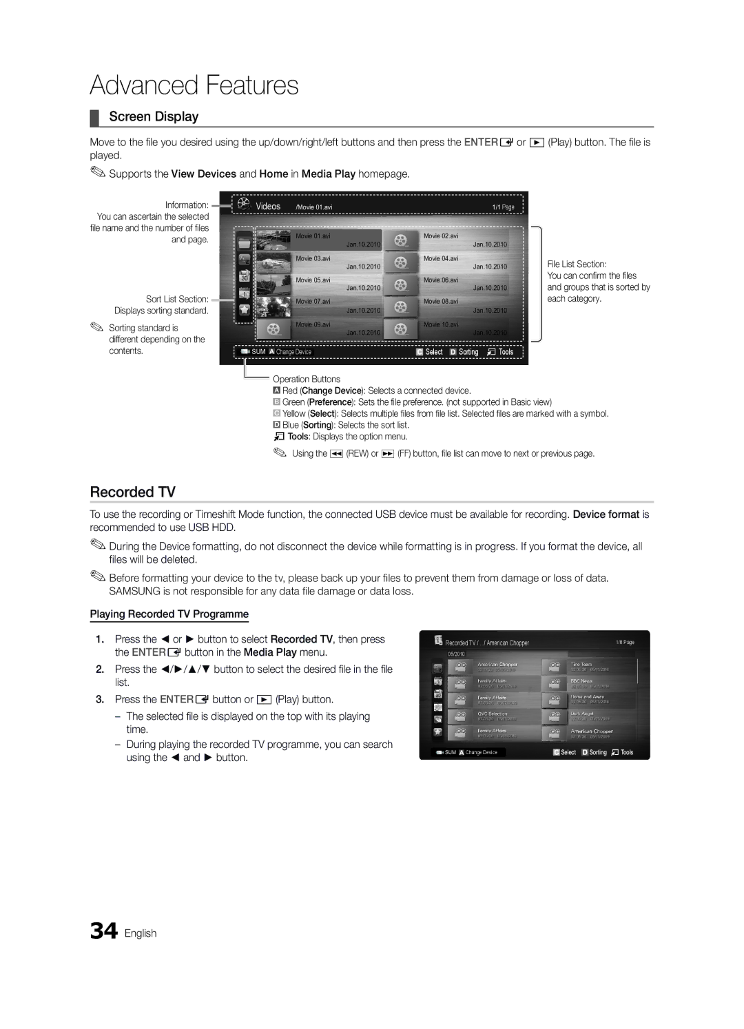 Samsung UE32C6620UWXRU, UE40C6620UWXRU manual Screen Display, Sorting standard is different depending on the contents 