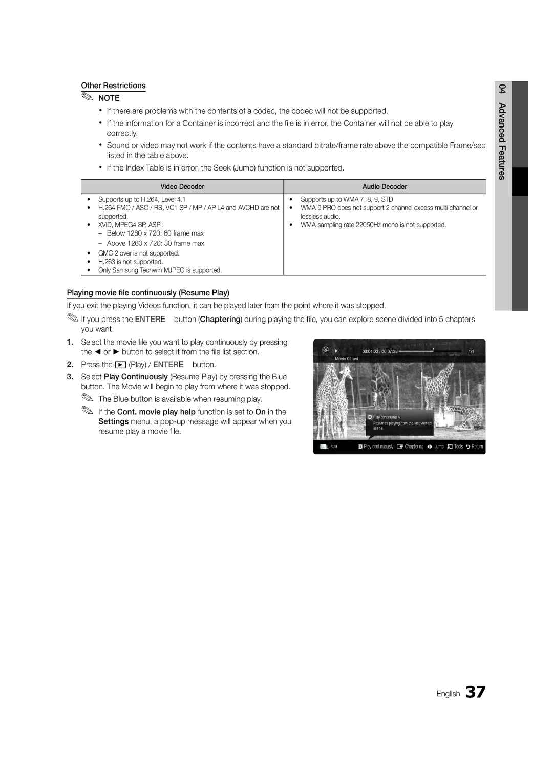 Samsung UE40C6620UWXRU, UE32C6620UWXRU manual Supported Lossless audio, WMA sampling rate 22050Hz mono is not supported 