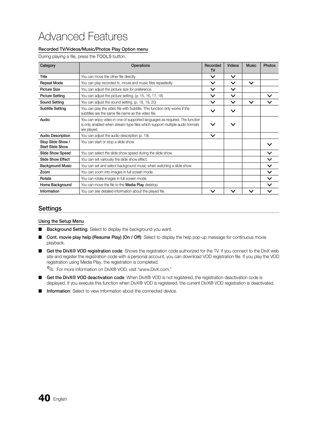 Samsung UE32C6620UWXRU, UE40C6620UWXRU manual Settings, Subtitles are the same file name as the video file Audio 