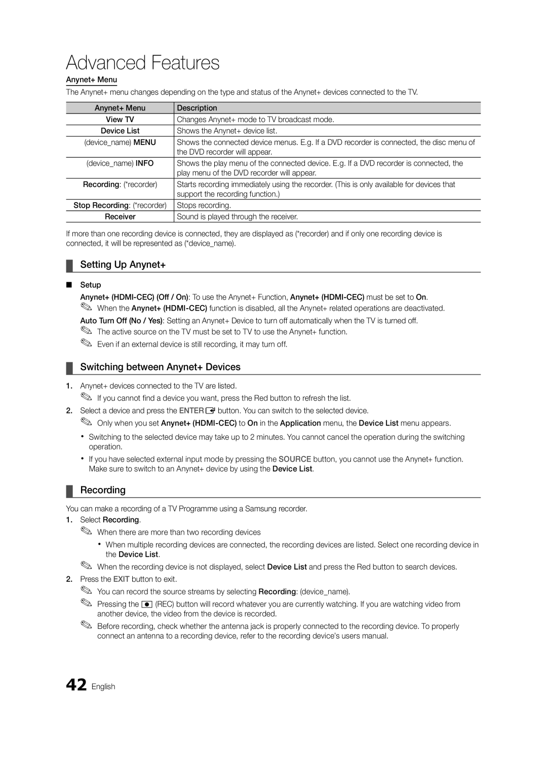 Samsung UE32C6620UWXRU, UE40C6620UWXRU manual Setting Up Anynet+, Switching between Anynet+ Devices, Recording 