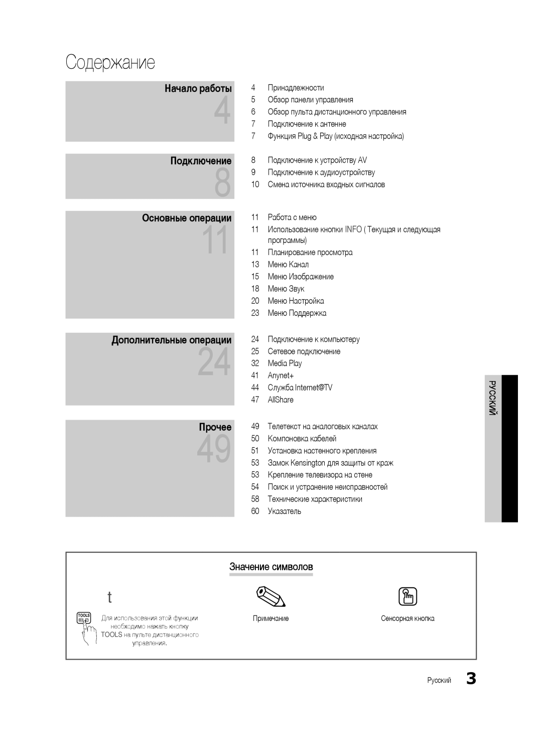 Samsung UE40C6620UWXRU, UE32C6620UWXRU manual Содержание, Начало работы Подключение, Прочее, Значение символов, Примечание 