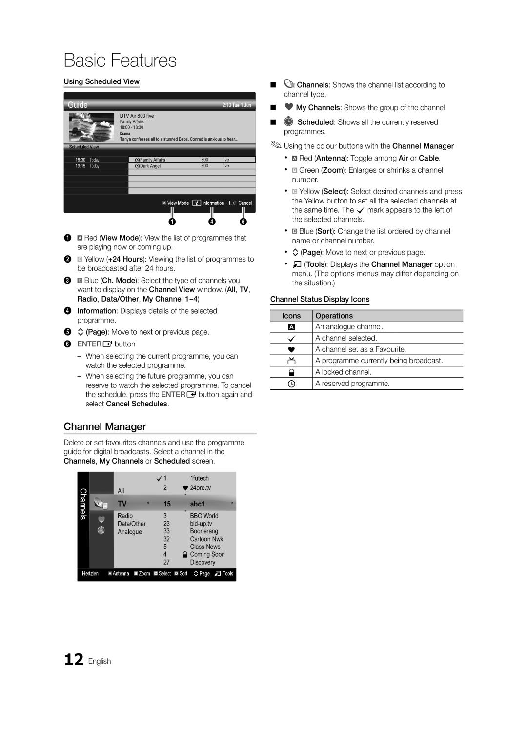 Samsung UE32C6530UWXXH, UE32C6820USXZG manual Channel Manager, Using Scheduled View, Channel Status Display Icons Operations 