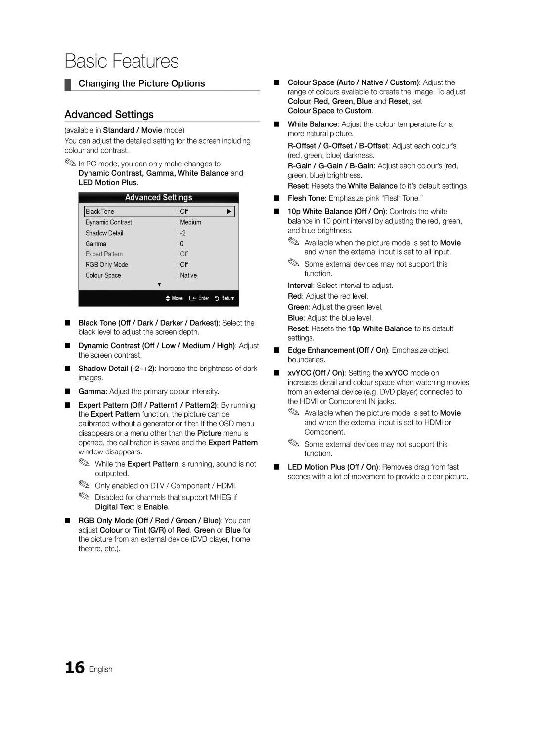 Samsung UE32C6735USXXE manual Advanced Settings, Changing the Picture Options, RGB Only Mode Off Colour Space Native 