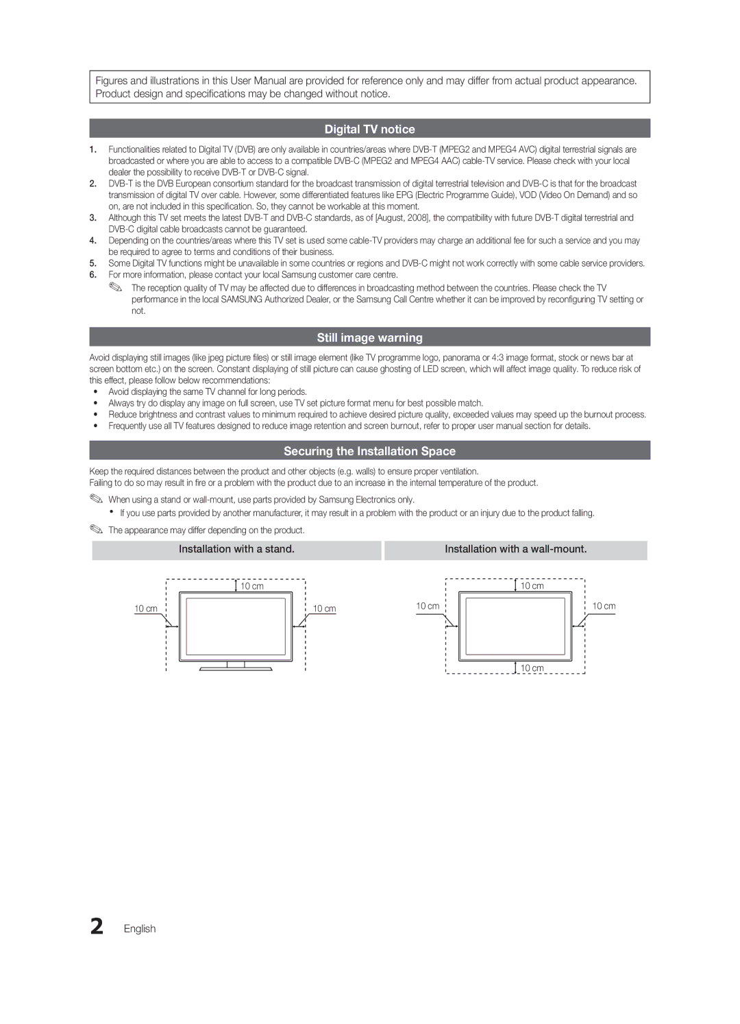 Samsung UE32C6000RWXZG, UE32C6820USXZG, UE32C6700USXZG, UE32C6730USXZG manual Installation with a wall-mount, English, 10 cm 