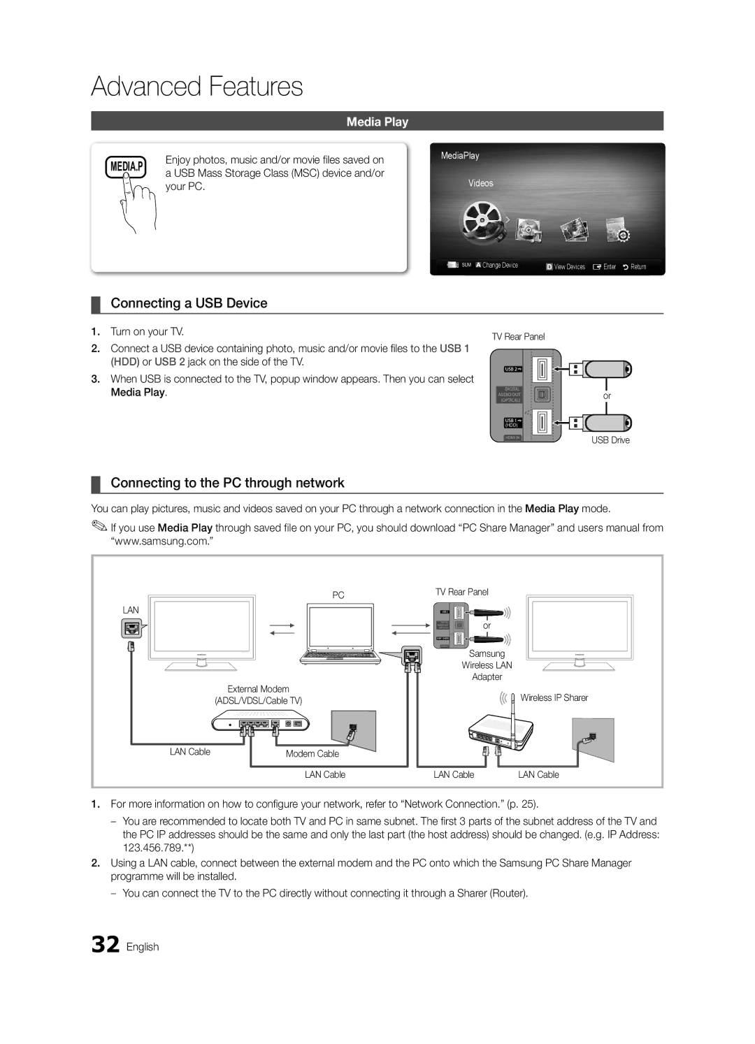 Samsung UE32C6620UWXXH, UE32C6820USXZG Connecting a USB Device, Connecting to the PC through network, Media Play, Your PC 