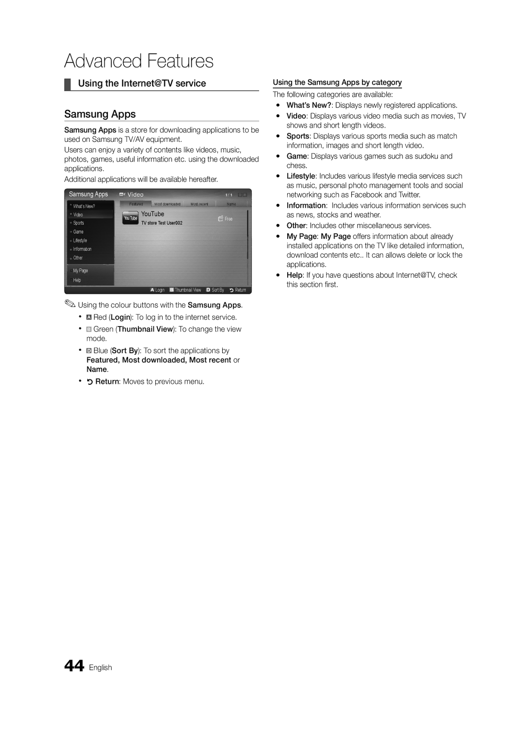 Samsung UE32C6000RPXZT, UE32C6820USXZG, UE32C6700USXZG, UE32C6000RWXZG manual Samsung Apps, Using the Internet@TV service 