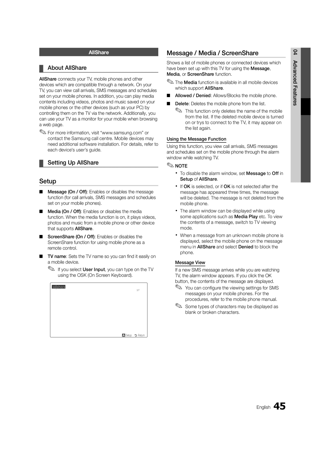 Samsung UE32C6600UWXXH, UE32C6820USXZG manual Setup, Message / Media / ScreenShare, About AllShare, Setting Up AllShare 