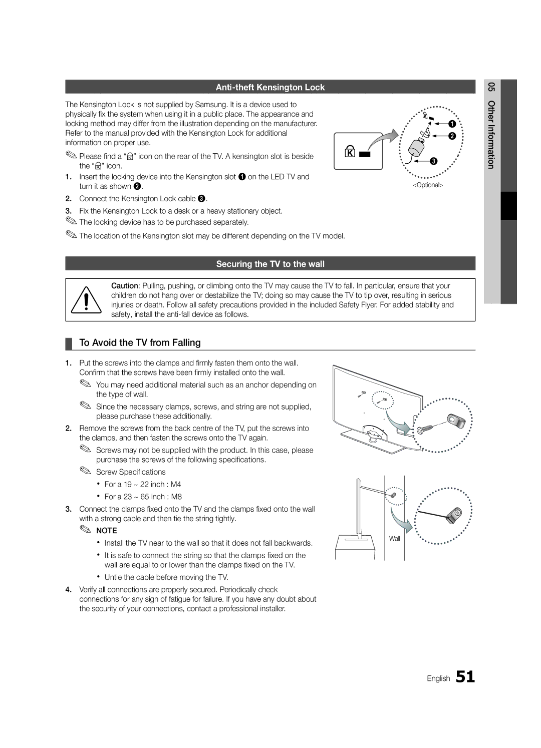 Samsung UE32C6620UWXXH To Avoid the TV from Falling, Anti-theft Kensington Lock, Securing the TV to the wall, Optional 