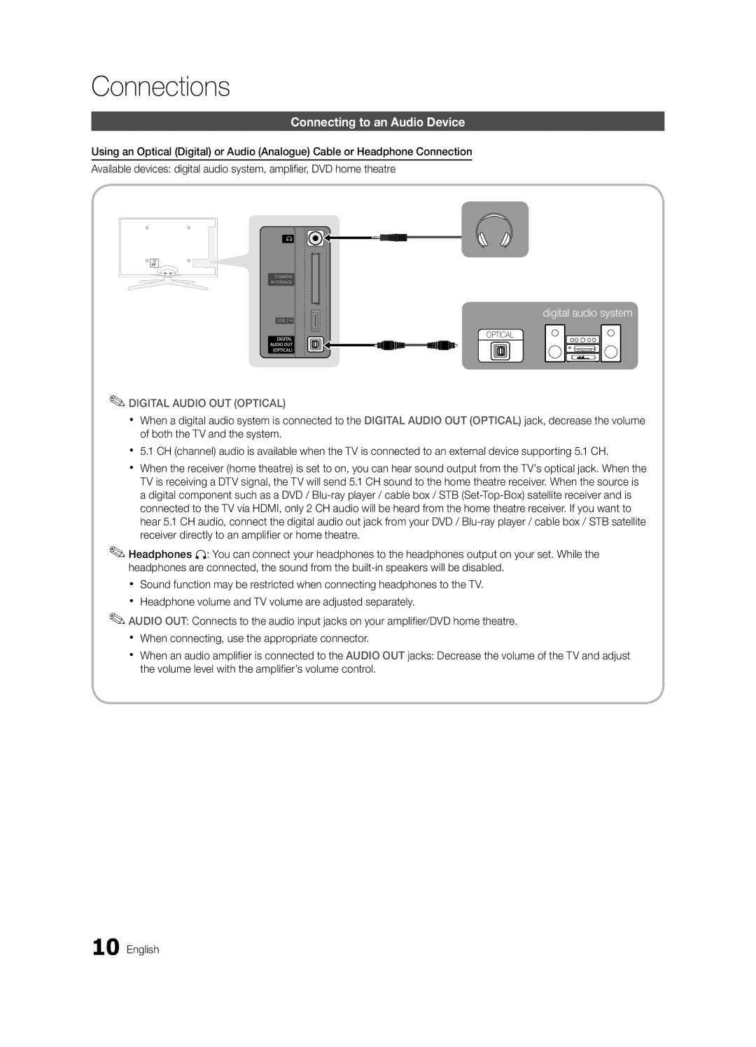 Samsung UE32C6880USXZG, UE40C6880USXZG manual Connecting to an Audio Device, Digital Audio OUT Optical 