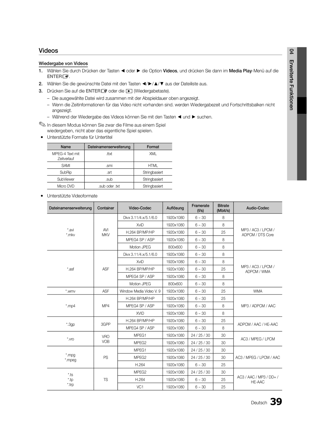 Samsung UE40C6880USXZG, UE32C6880USXZG manual Wiedergabe von Videos, Wiedergeben, nicht aber das eigentliche Spiel spielen 