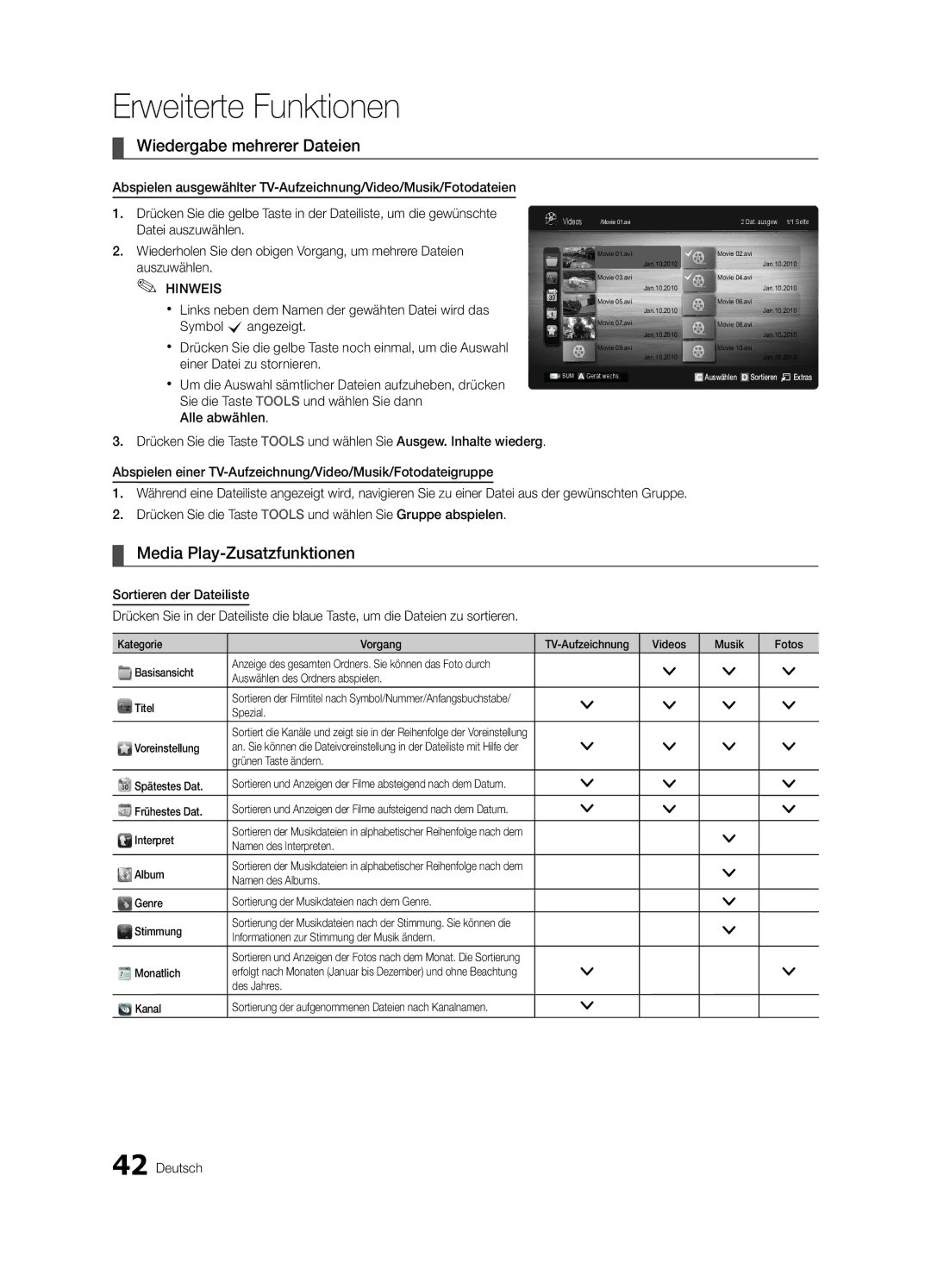 Samsung UE32C6880USXZG, UE40C6880USXZG manual Wiedergabe mehrerer Dateien, Media Play-Zusatzfunktionen 