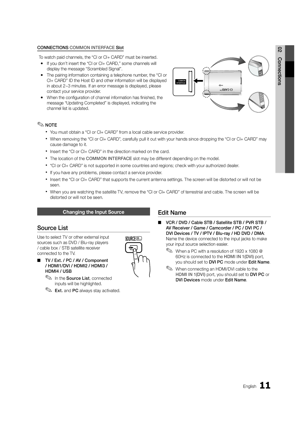 Samsung UE40C6880USXZG manual Source List, Edit Name, Changing the Input Source, Use to select TV or other external input 