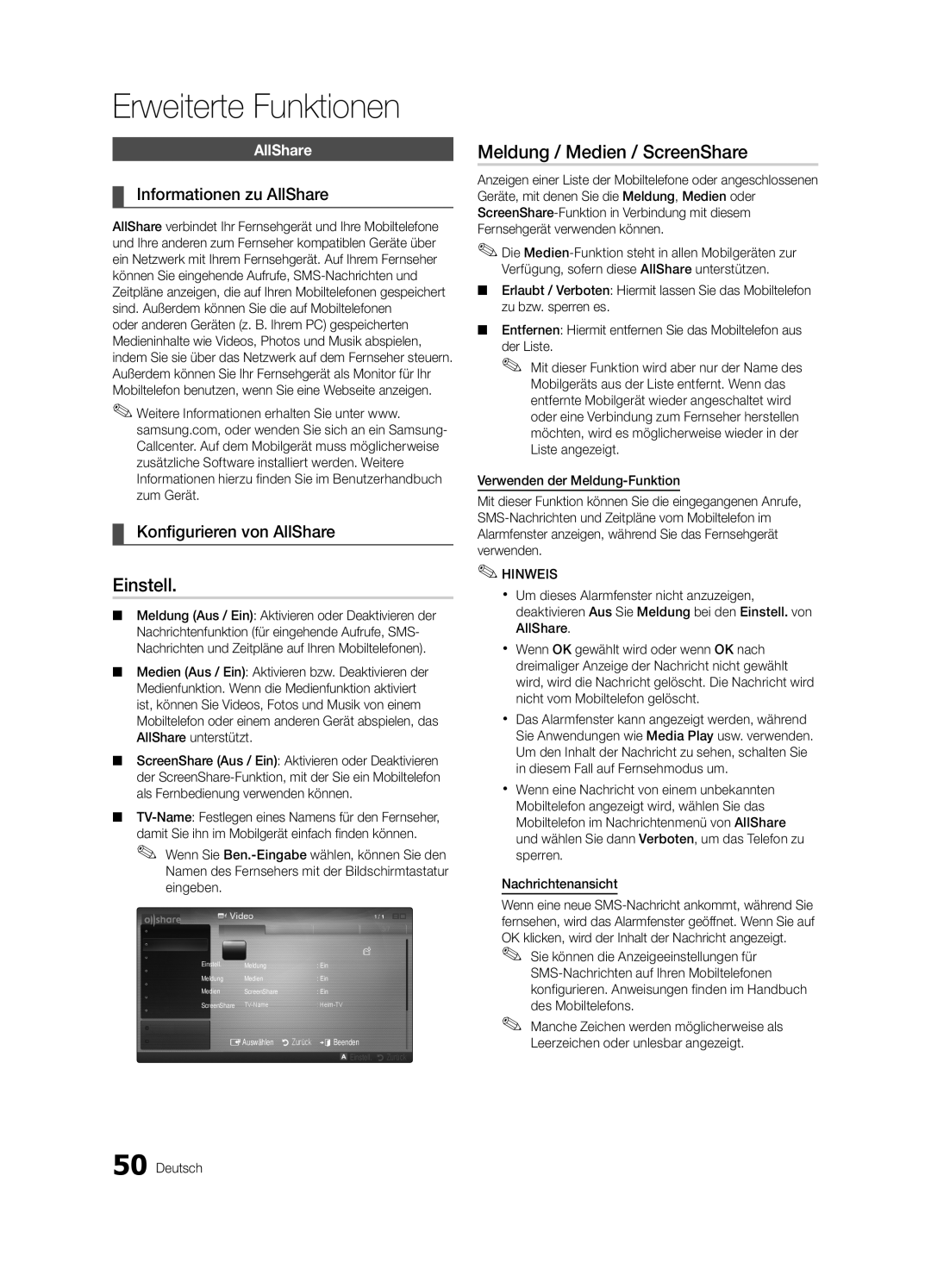 Samsung UE32C6880USXZG manual Meldung / Medien / ScreenShare, Informationen zu AllShare, Konfigurieren von AllShare 