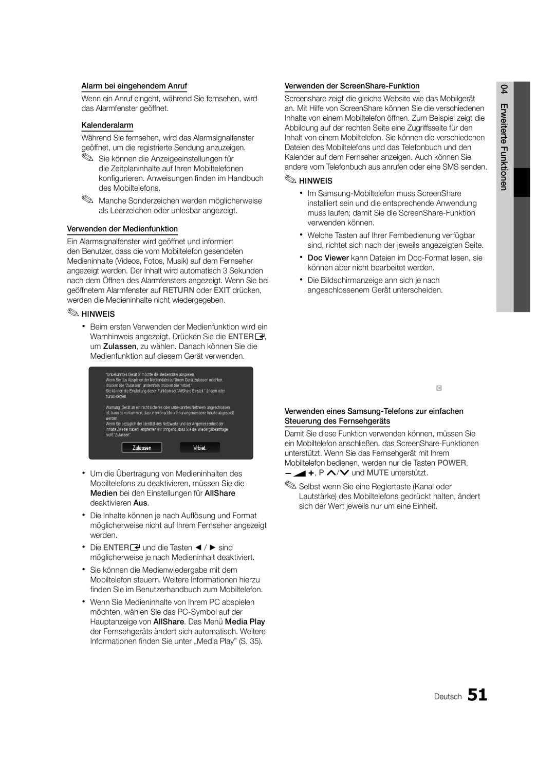 Samsung UE40C6880USXZG, UE32C6880USXZG manual Verwenden der Medienfunktion, Verwenden der ScreenShare-Funktion 