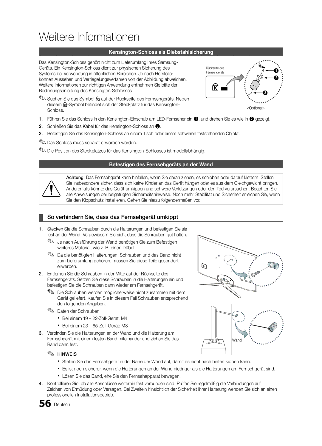 Samsung UE32C6880USXZG manual So verhindern Sie, dass das Fernsehgerät umkippt, Kensington-Schloss als Diebstahlsicherung 