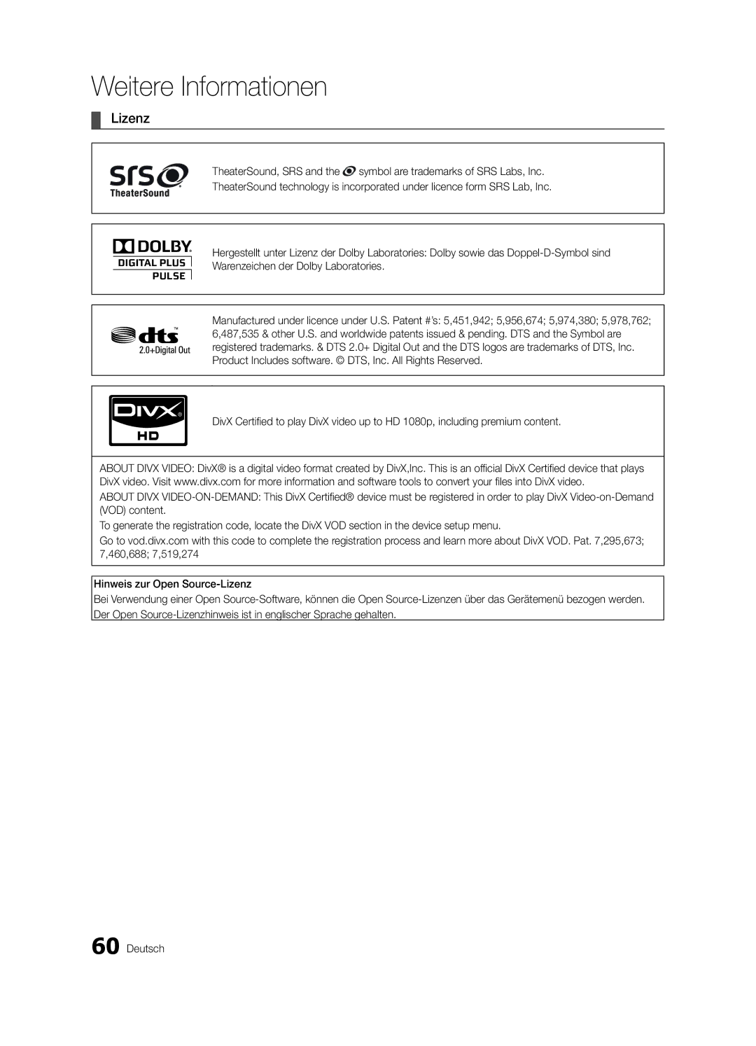 Samsung UE32C6880USXZG, UE40C6880USXZG manual Lizenz 