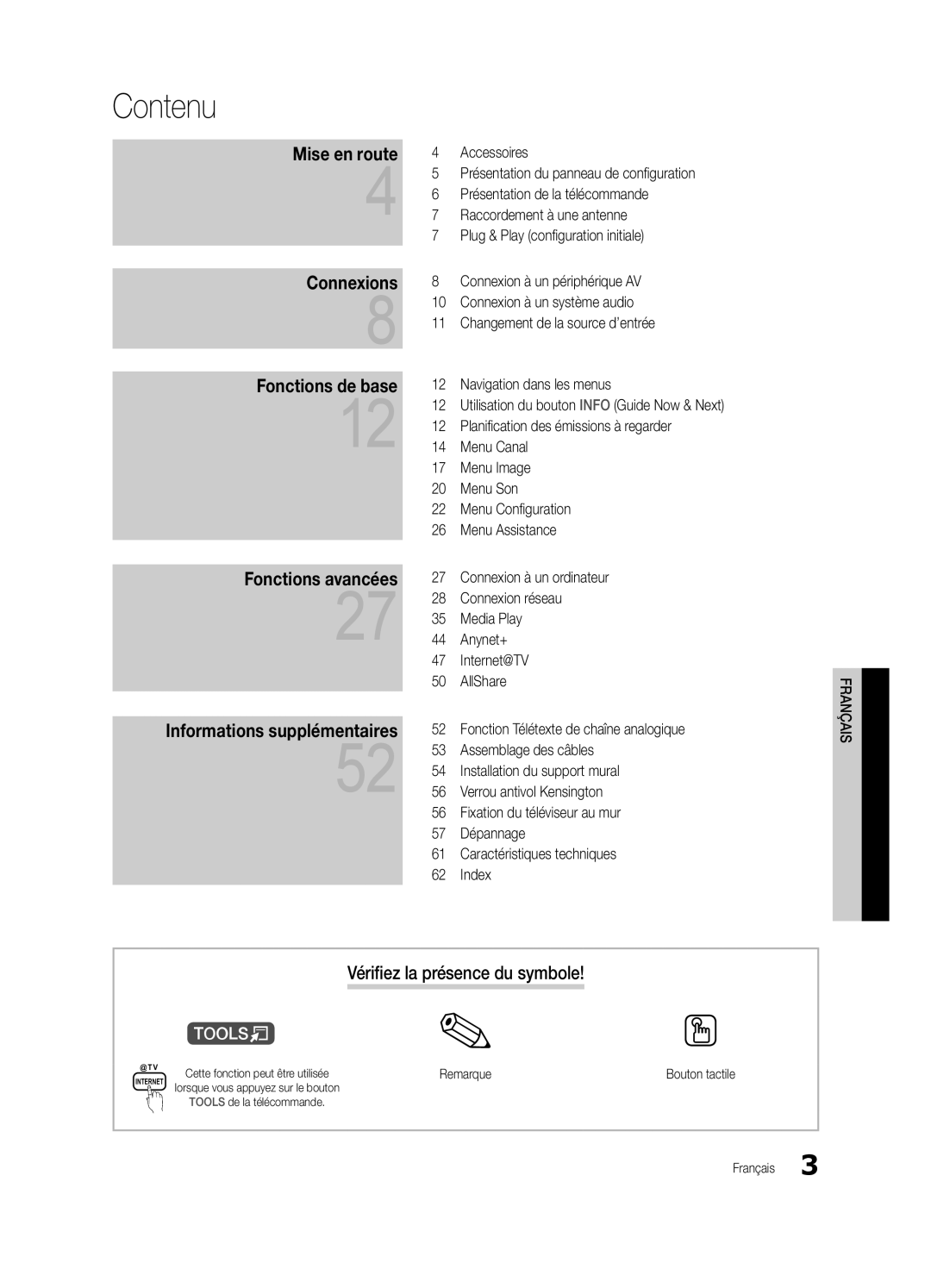 Samsung UE40C6880USXZG, UE32C6880USXZG manual Contenu, Vérifiez la présence du symbole, Remarque 