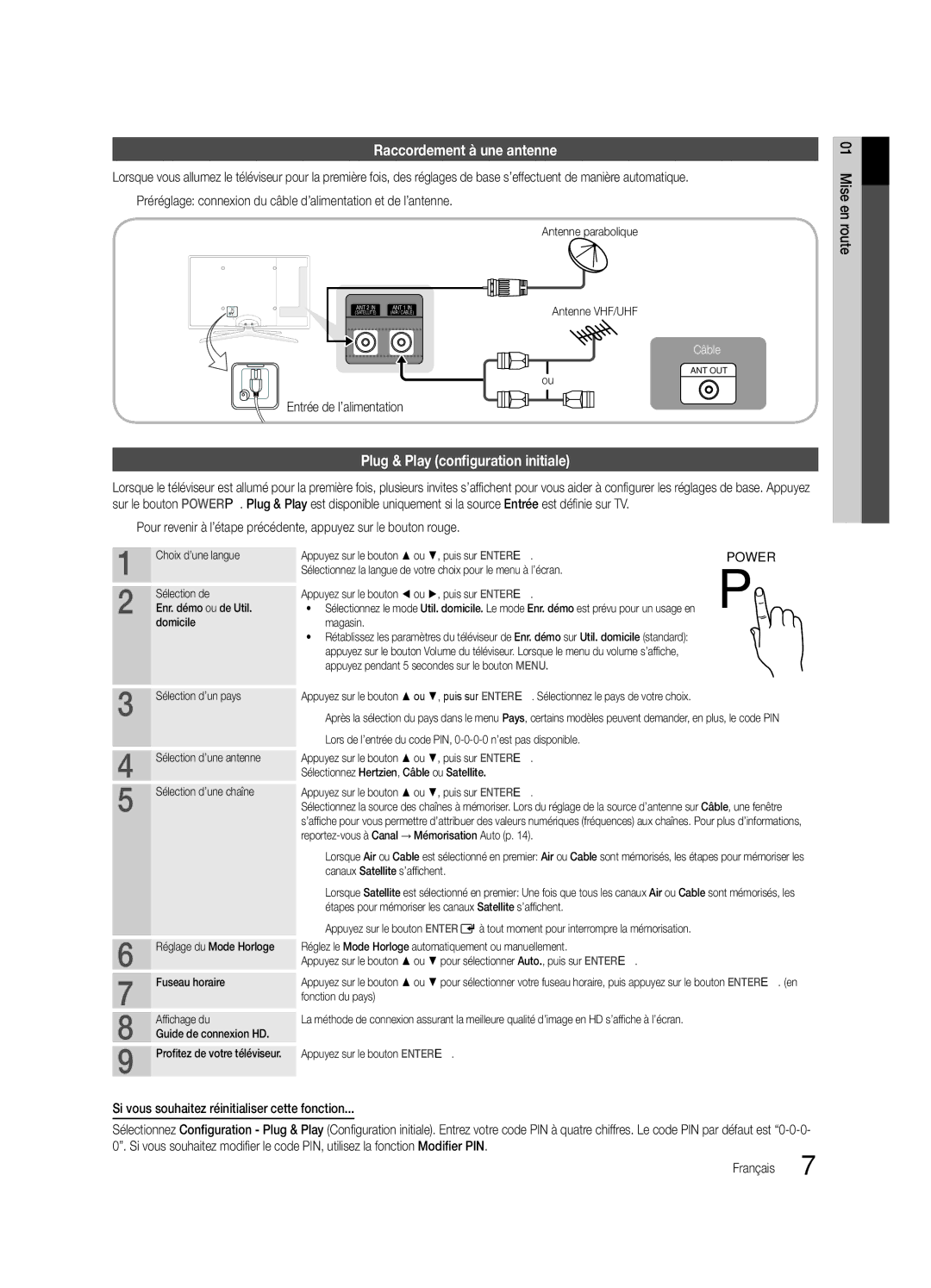 Samsung UE40C6880USXZG manual Raccordement à une antenne, Plug & Play configuration initiale, Entrée de l’alimentation 