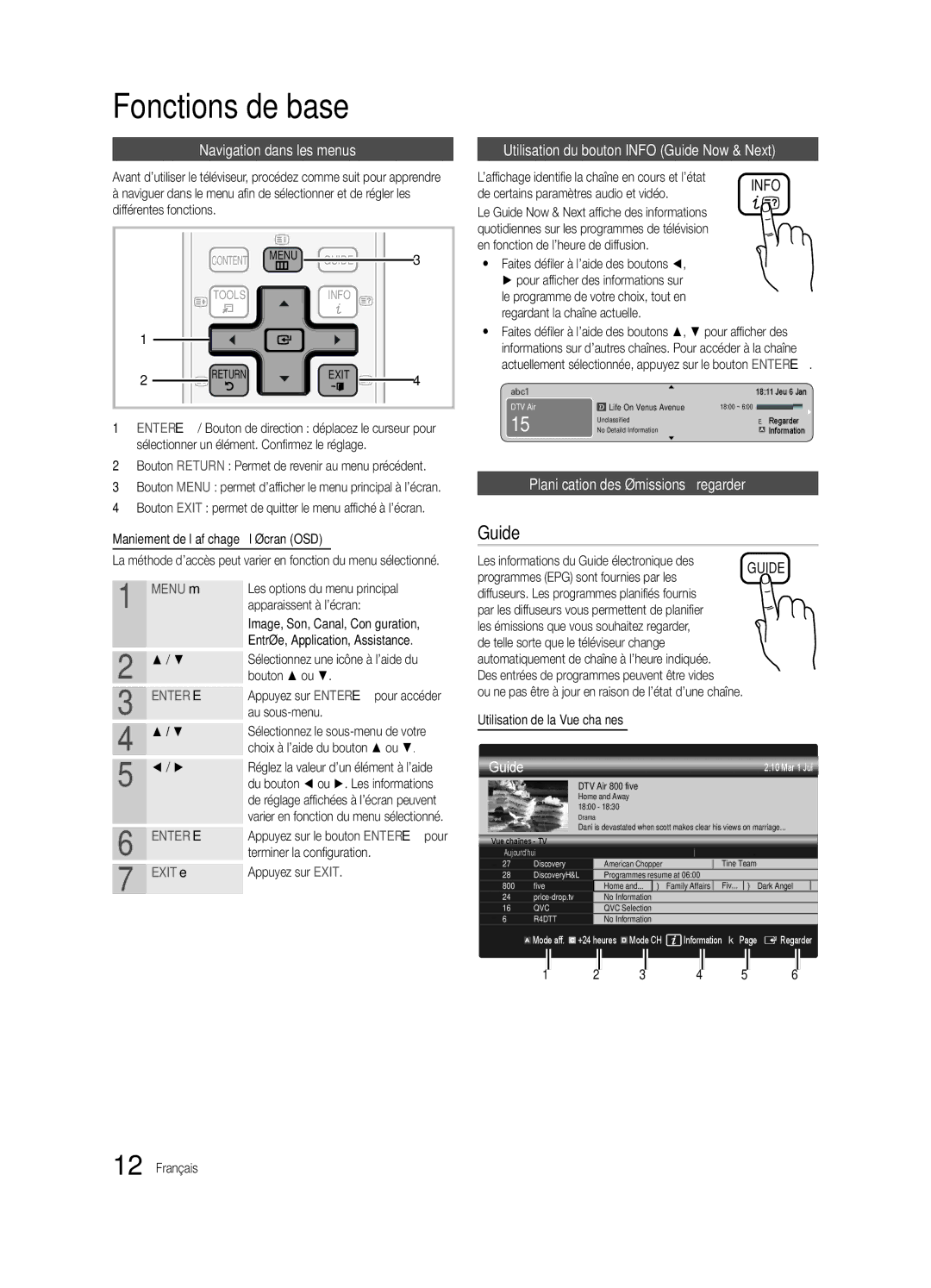 Samsung UE32C6880USXZG manual Fonctions de base, Navigation dans les menus, Utilisation du bouton Info Guide Now & Next 