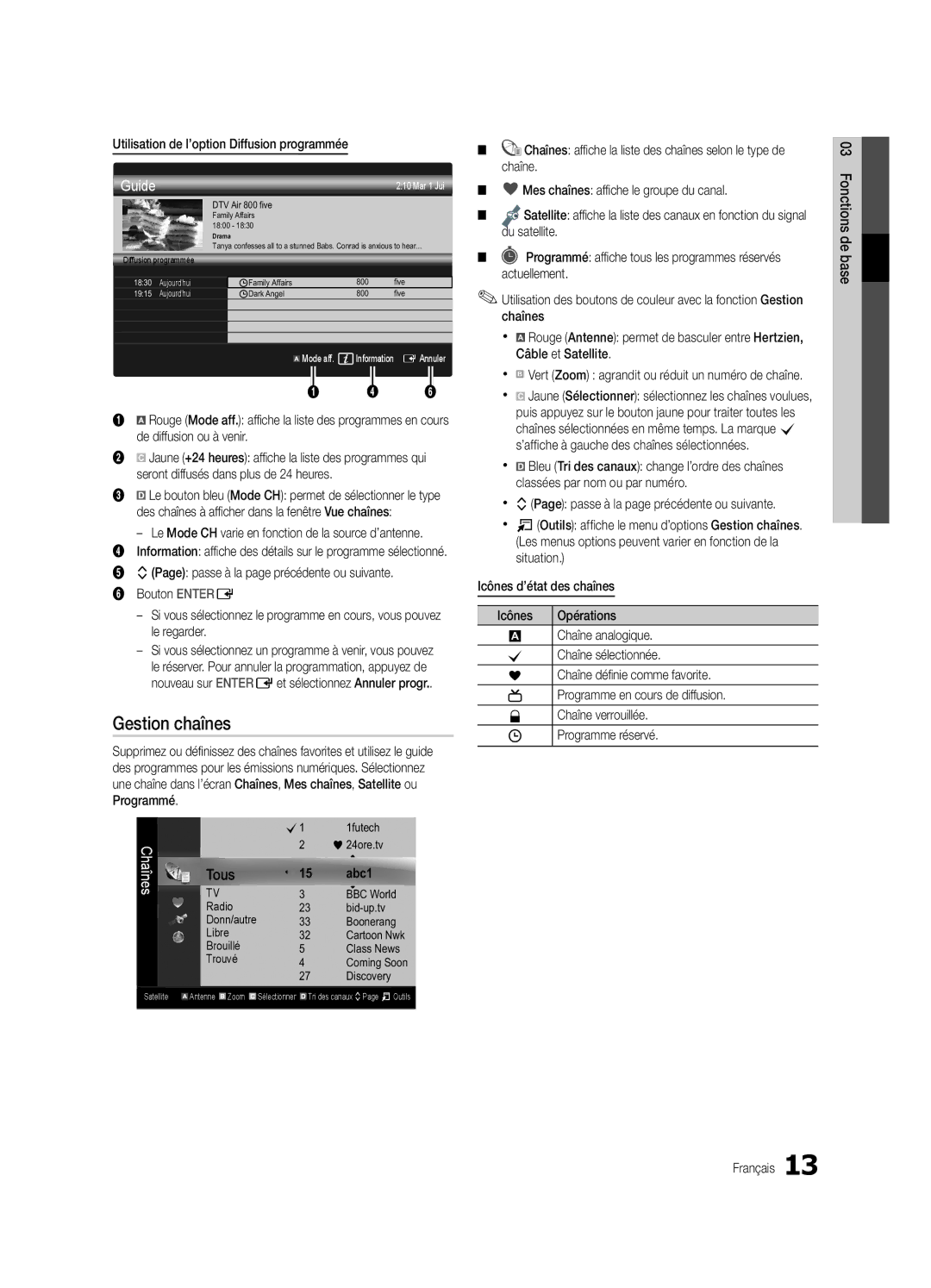 Samsung UE40C6880USXZG, UE32C6880USXZG manual Gestion chaînes, Utilisation de l’option Diffusion programmée 